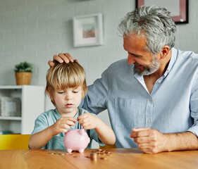 child money saving grandfather family coin senior finance bank piggybank happy investment grandson...