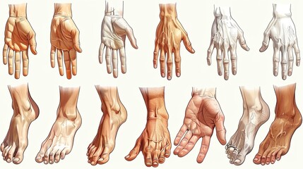 vector, illustration, Vintage cartoon hands in gloves and feet in shoes. Cute animation character body parts. Comics arm gestures and walking leg poses vector set. Different foot movements and positio