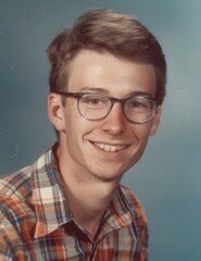 Retro 1970's Portrait of a Young Man in Glasses and Plaid Shirt. 70's. 70s, seventies.