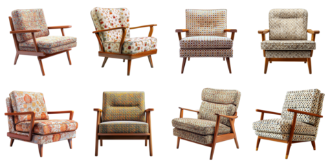 Fabric chair with wooden legs, retro style, colorful vintage pattern on transparent background