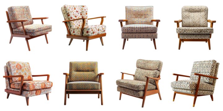 Fabric chair with wooden legs, retro style, colorful vintage pattern on transparent background