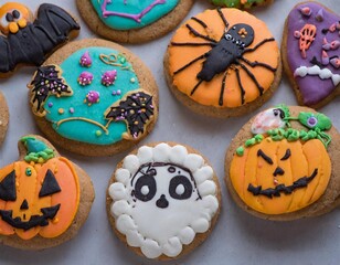 Obraz premium A collection of colorful, decorated Halloween cookies