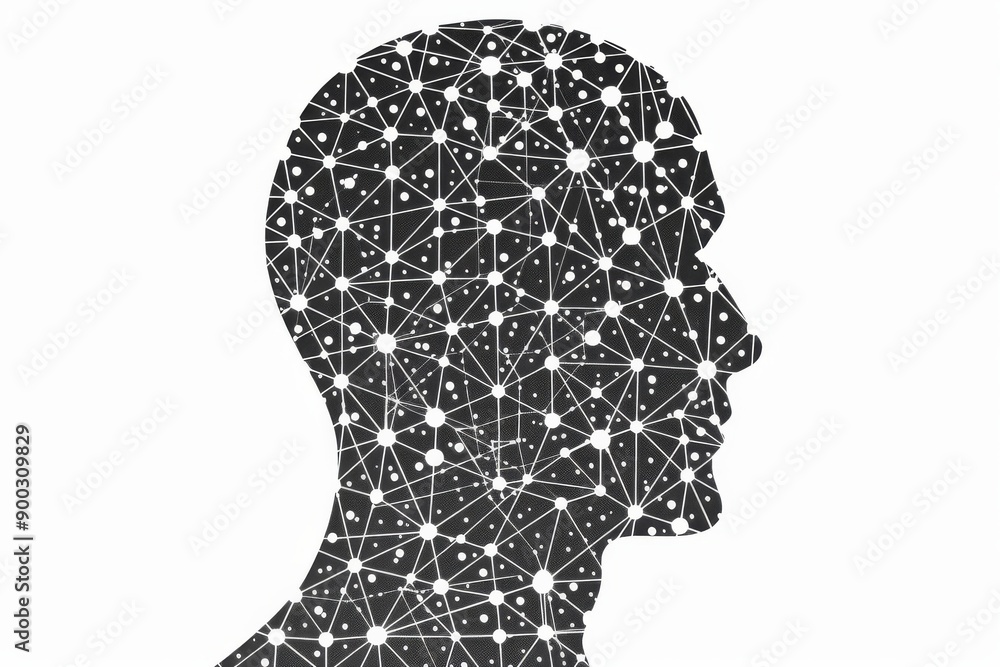 Poster silhouette profile of a head constructed from a digital network symbolizing connectivity and technol