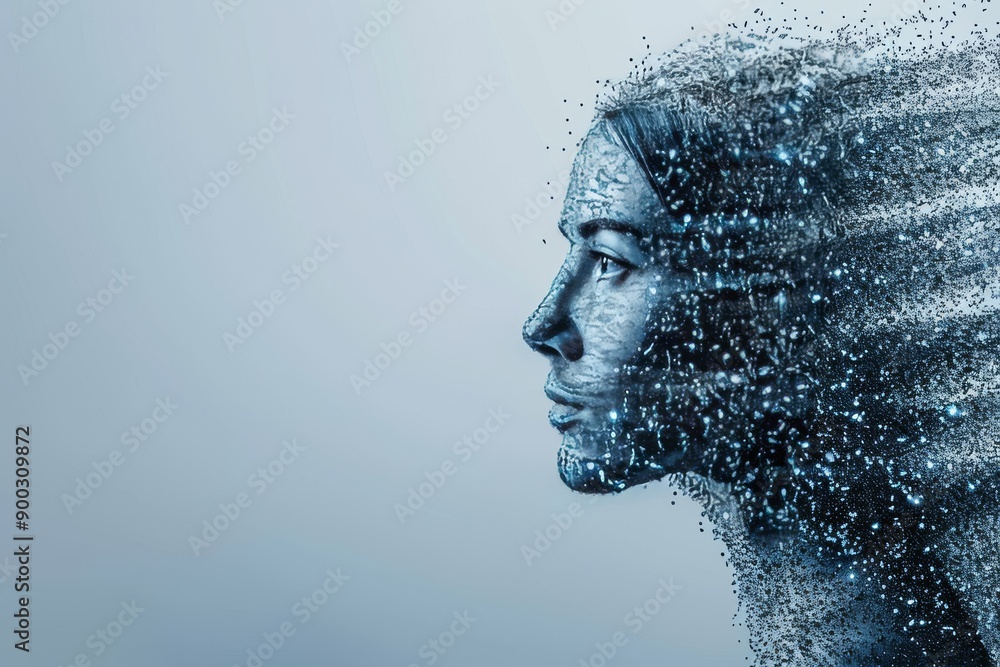 Poster disintegrating head profile representing cognitive dispersion and neural breakdown in blue tones