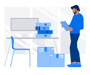 Office worker with a clipboard in hands, standing next to a large pile of documents