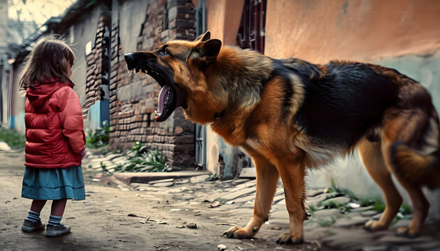 Big terrible stray dog barking and growls on little girl walking street, rabid stray dog attacks neglected child with cynophobia. Lonely girl met dangerous rabies stray dog on street,&nbsp;