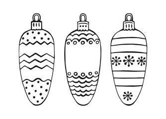 Set of Christmas baubles. Decoration isolated elements. Hand drawn vector illustration.