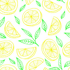 Seamless pattern with Lemon slices, tea leaves. Hand drawn vector illustration.