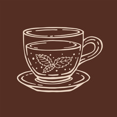 Cup of tea with healthy green tea, mint leaves. Hand drawn vector illustration in outline style.
