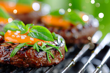 Three hamburgers are on a grill, with one of them being cooked