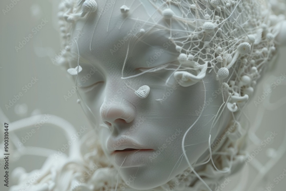 Poster artistic white sculpture of a head interwoven with neural structures symbolizing cognitive processes