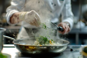A chef expertly cooking a gourmet meal in a modern kitchen environment, with a focus on saut ing ingredients in a pan. The kitchen is equipped with high-end appliances and clean, organized