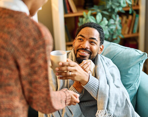 home man sick flu health ill virus support care couple together woman partner disease togetherness love boyfriend girlfriend care cure tea cup drink hot