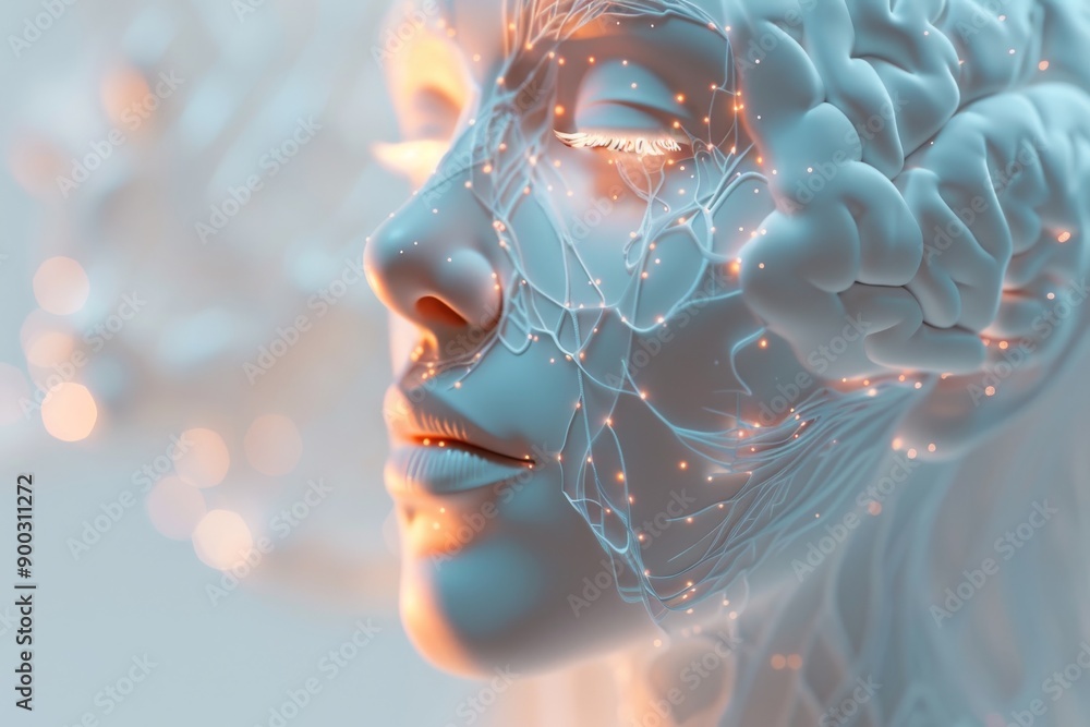 Aufkleber profile of a womans face with neural structures highlighting technological advancements