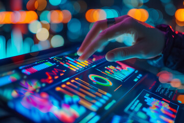 Fototapeta premium Innovative lighting effects on a digital analytics dashboard featuring various performance indicators, emphasizing the importance of brand loyalty in a modern digital landscape