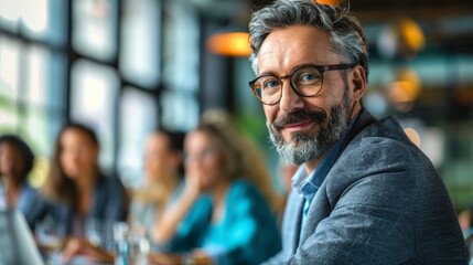 Confident man with glasses smiles while engaging with colleagues in a modern office environment, embodying teamwork and collaboration.