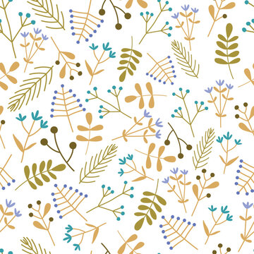 Cute chlidren yellow and brown autumn flower and plants seamless pattern 