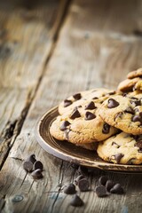 Fototapeta premium Freshly Baked Chocolate Chip Cookies on a Rustic Wooden Table