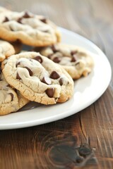Freshly Baked Chocolate Chip Cookies on White Plate