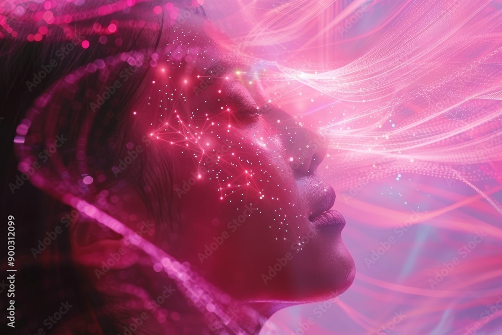 Poster conceptual illustration of a womans profile filled with illuminated neural pathways