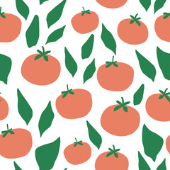 Seamless pattern of healthy bio hand drawn tomatoes with leaves on white backgrund