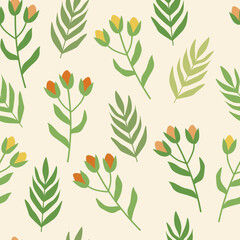 Vectors illustrated seamless pattern of meadow flowers and plant on beige background