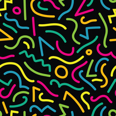 Abstract seamless pattern with colorful shapes, lines and circles on black background