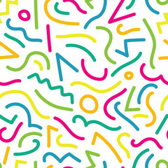 Abstract seamless pattern with colorful shapes, lines and circles on white background