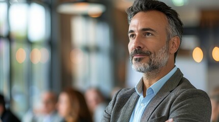 Obraz premium A confident man in a suit, thoughtfully observing a professional meeting in a modern workspace, exuding leadership and focus.