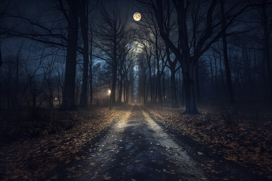 A dark forest road with tall trees, blue moonlight shining through the leaves