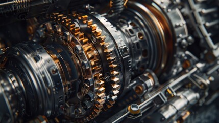 Fototapeta premium A detailed view of a machine's internal mechanisms, featuring interlocking gears and metal components