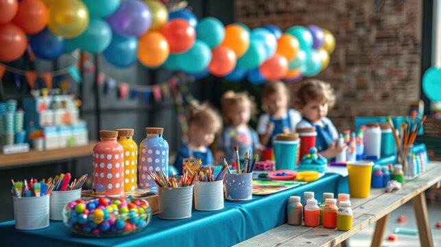 A DIY craftthemed birthday party with kids painting, making crafts, and a table full of colorful art supplies