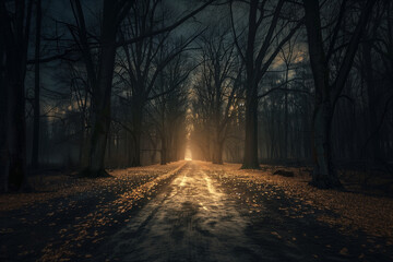 Obraz premium A misty forest path covered in fallen leaves on a gloomy day.