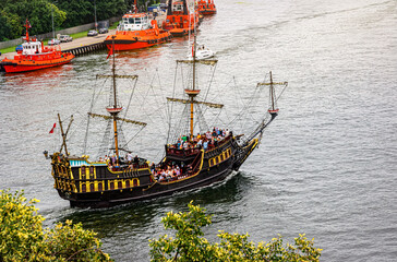 Beautiful vintage recreational sail ship in the port of Gdansk. Aerial view