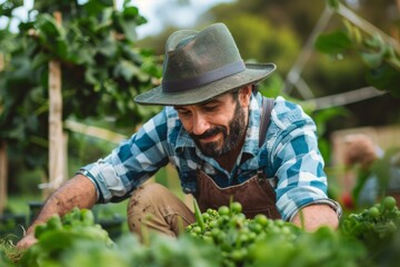 Farmer Examining Crops in a Lush Garden