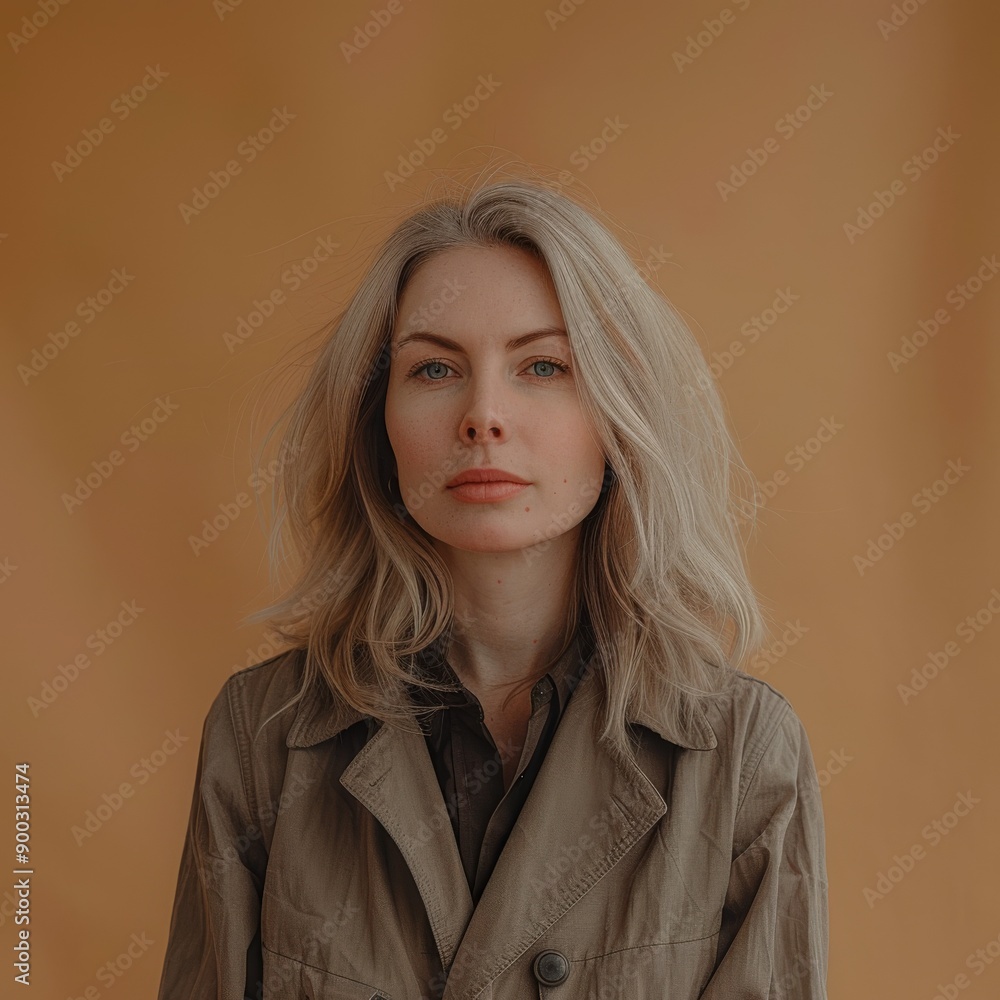 Wall mural Blonde Woman in Light Jacket Against Orange Background