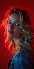 Obraz premium Young Woman With Blonde Hair Posed Against a Red Background