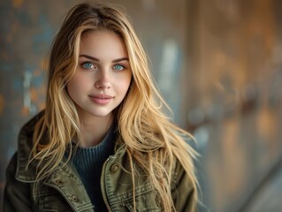 Naklejka premium Young Woman With Blue Eyes in Casual Jacket Posing Indoors