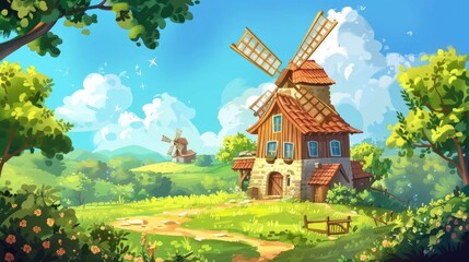 A windmill stands tall in the midst of a green field, surrounded by nature