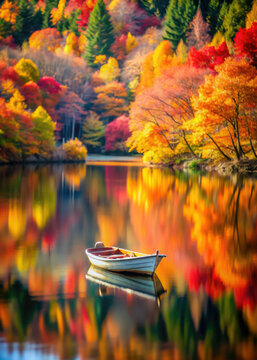 wooden boat on lake in the autumn forest, fall, yellow, red trees, foliage, leaves, water, pond, river, reflection, background, wallpaper, October, season, landscape, nature, beauty, travel, tourism