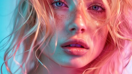 Obraz premium Close-Up of a Young Woman With Freckles and Curly Hair in Soft Lighting