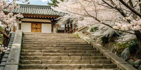 A stone staircase leading to a temple, surrounded by blooming cherry trees. Cherry petals cover the steps, creating a sense of a path to a sacred place.