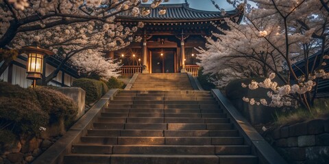 A stone staircase leading to a temple, surrounded by blooming cherry trees. Cherry petals cover the steps, creating a sense of a path to a sacred place.