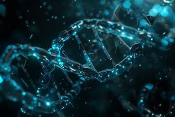 A vibrant blue DNA strand glowing and swirling against a dark background