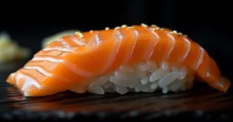 A single piece of salmon sushi on a black background. The cut is slightly curved with the edge being almost flat against the rice grains, close-up photo