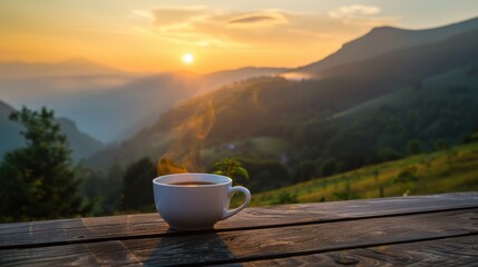 Sunrise Over Mountains With Steaming Cup of Coffee on Wooden Table