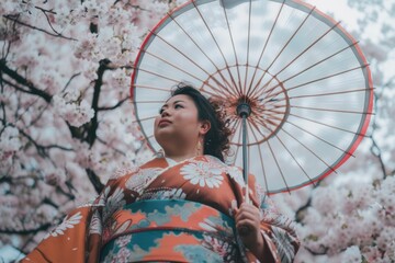 Woman in Kimono with Umbrella Underneath Blooming Cherry Blossoms
