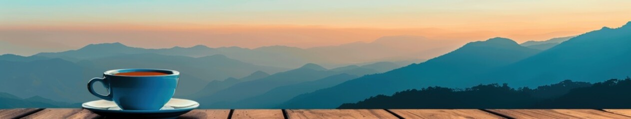 Serene Morning Coffee Overlooking Mountain Range at Dawn