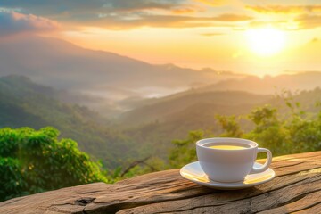 Morning Coffee Overlooking a Serene Mountain Landscape at Sunrise