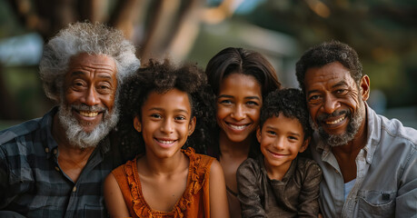 multiracial Family of multiple generations smiling against blurred background.